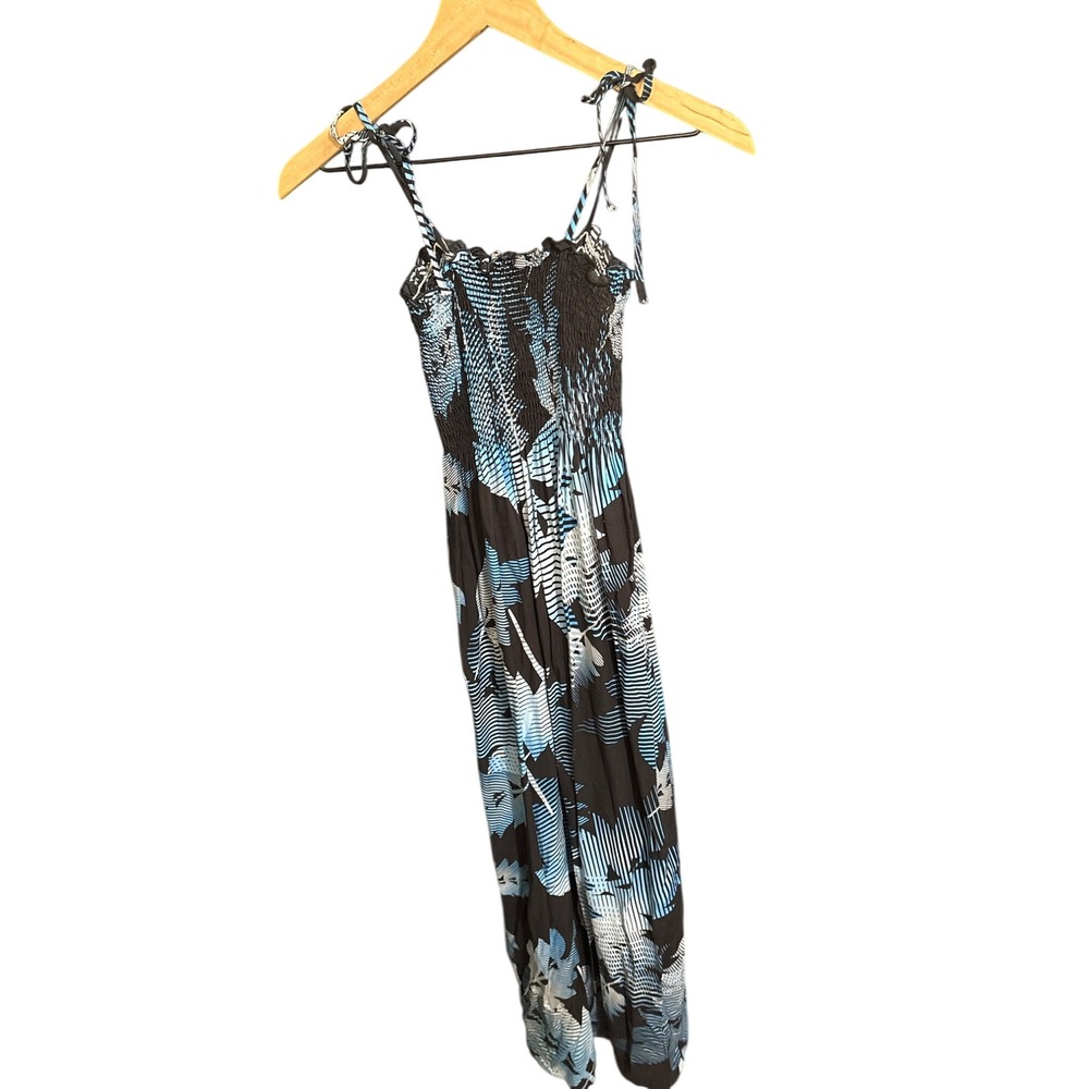 Hawaiian Original Smocked Strappy Maxi Dress Tropical Print Black‎ Blue One Size